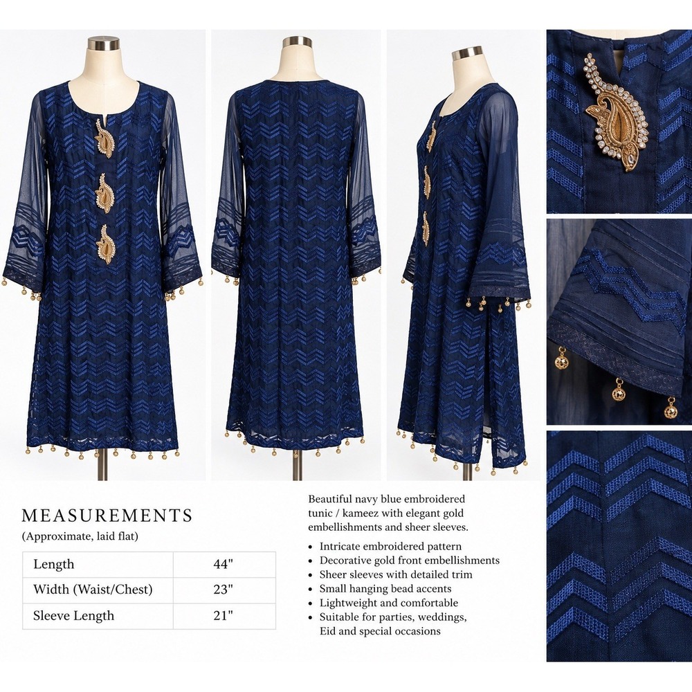 Women's Navy Blue Embroidered Kurta Tunic Gold Embellished Pakistani Dress B3